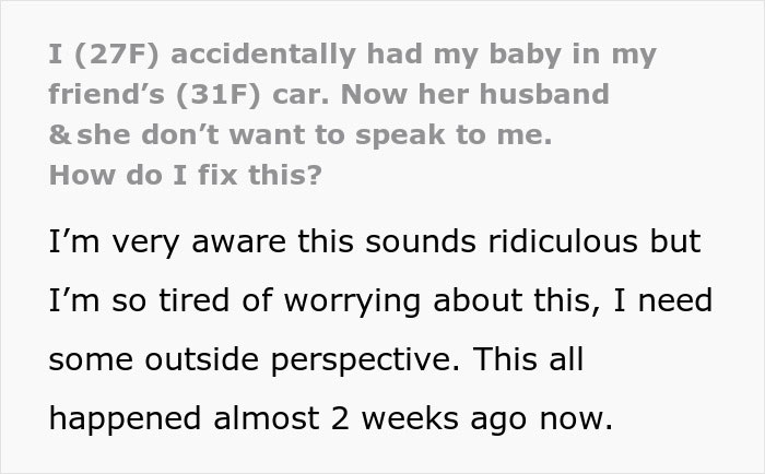 Text post describing a woman who gave birth in a friend&rsquo;s car and now feels confused as they ignore her.