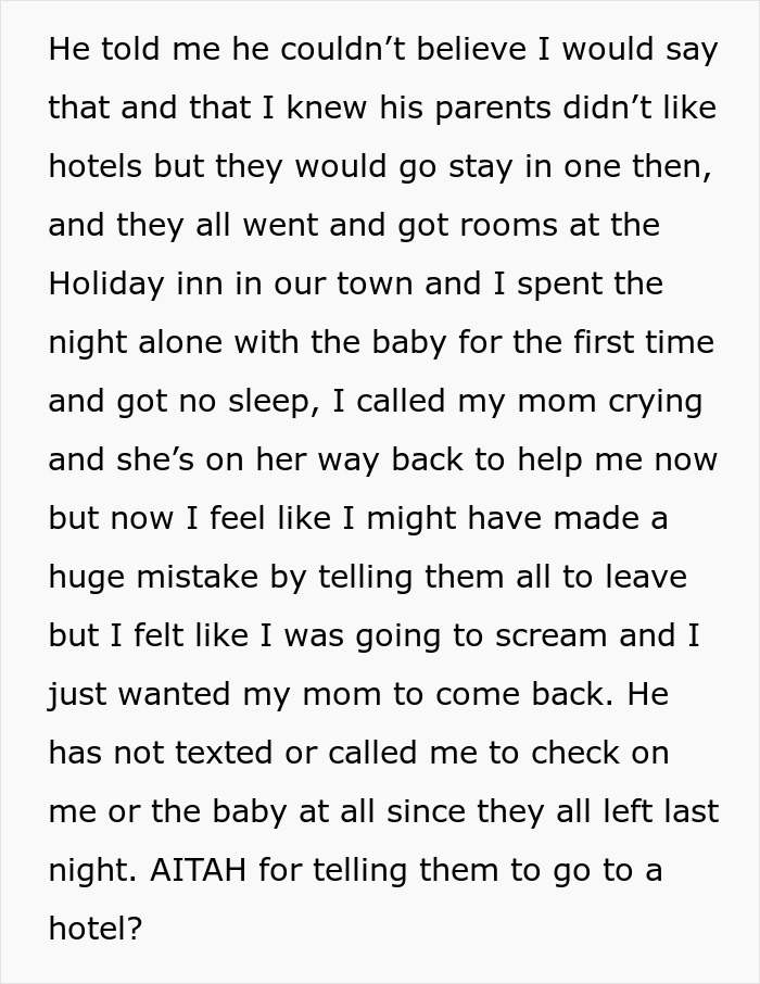 Text excerpt showing a new mom explaining kicking out husband and in-laws who weren&rsquo;t helping with baby care or support.