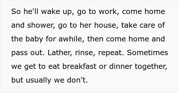 Text excerpt describing a man&rsquo;s routine caring for a pregnant ex and baby, highlighting commitment and sacrifice.
