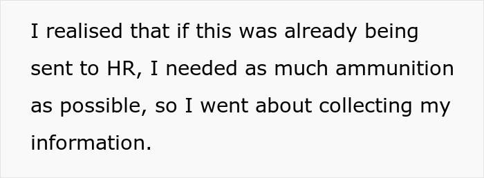 Text on a plain white background describing collecting information for HR due to a cancer surgery story and coworker comment.