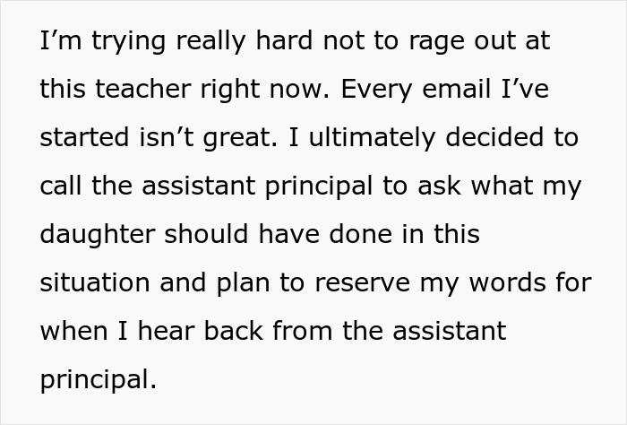 Text excerpt showing a mom struggling to stay calm after teacher ignores her daughter&rsquo;s emergency, seeking help from assistant principal.