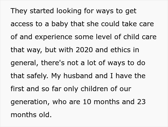 Text excerpt discussing challenges of borrowing a baby to experience motherhood amid ethics and safety concerns in 2020.