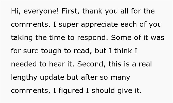 Text on a white background expressing gratitude for comments and providing a lengthy update after many responses.