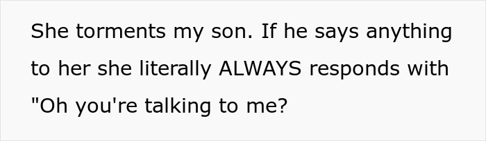 Text on a gray background reading about a bratty teen who torments my son and responds defiantly when confronted.