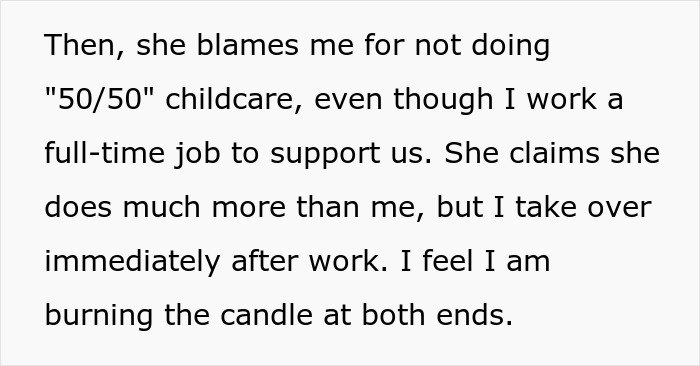 Screenshot of forum text about childcare and a man feeling like GF's ATM, exhausted and burned out after work.