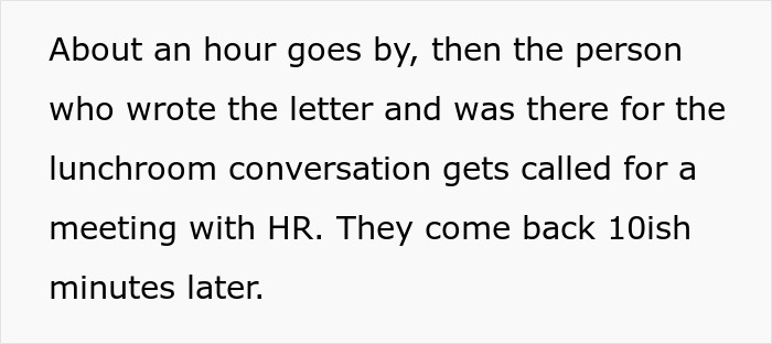 Text snippet about a coworker conversation and HR meeting, related to sharing cancer surgery story.