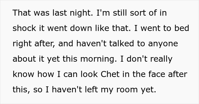 Text on screen showing someone reflecting on suspicion and shock about cheating involving his girlfriend and roommate.