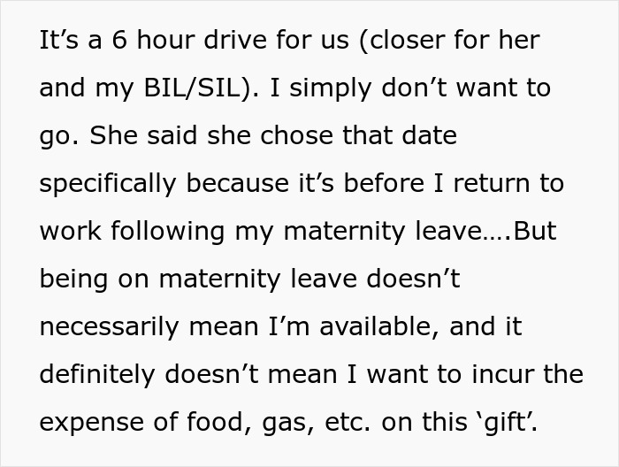Text excerpt showing a daughter-in-law expressing frustration with overbearing MIL making plans during maternity leave.
