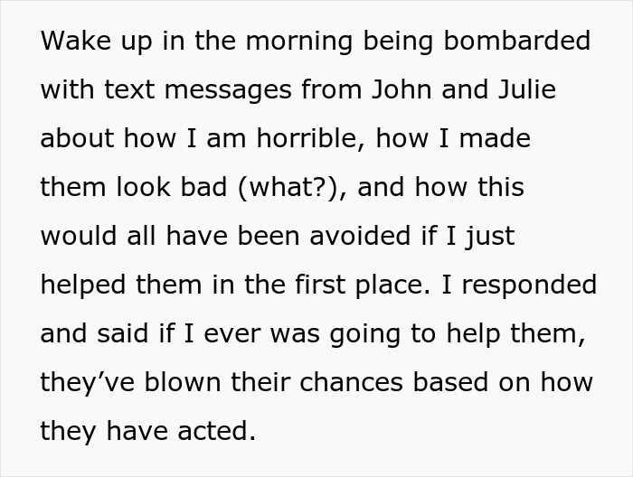 Text message conversation showing a woman refusing to risk her new career for friends needing free advice.