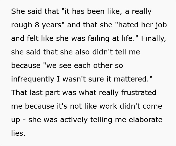 Text excerpt describing a woman reflecting on lying about her career for years, sharing feelings of frustration and elaborate stories.