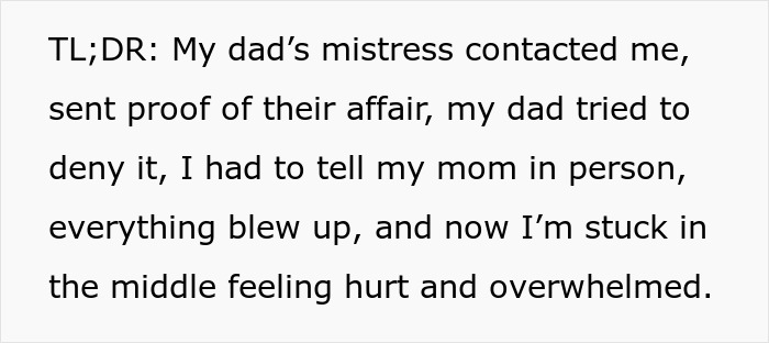 Text message describing a dad&rsquo;s mistress texting his adult daughter with proof of months-long affair, causing family turmoil.