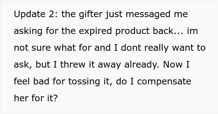 Text message update from daycare worker about passive-aggressive gift and questioning repayment after disposal of expired product.