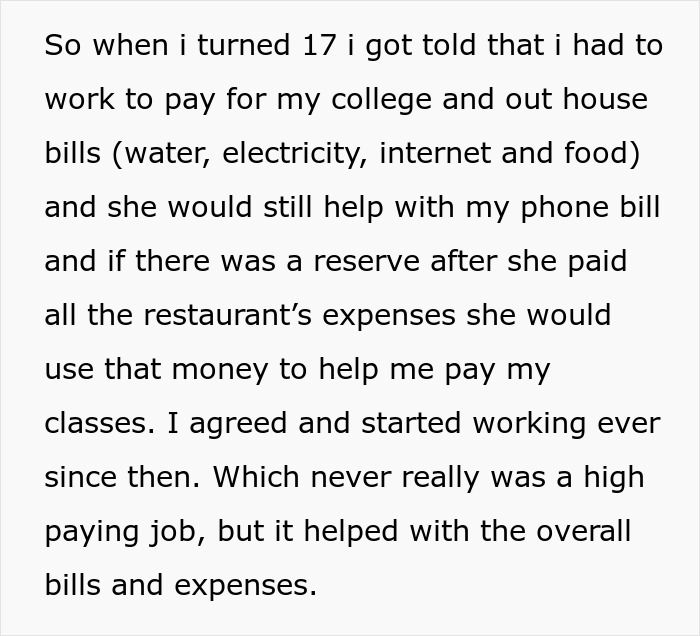 Text excerpt explaining a daughter working to pay college and bills while a mom manages restaurant expenses in shared financial hardship. Text excerpt explaining a daughter working to pay college and bills while a mom manages restaurant expenses in shared financial hardship.
