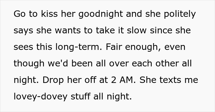 Text message conversation describing a lady sending lovey-dovey texts after two dates and wanting to take things slow.