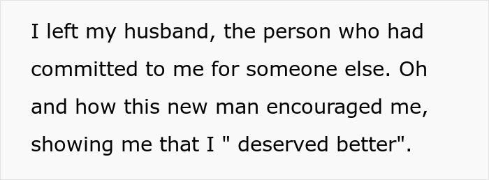 Text about a woman admitting defeat by karma after her affair partner leaves her following infidelity. Text about a woman admitting defeat by karma after her affair partner leaves her following infidelity.