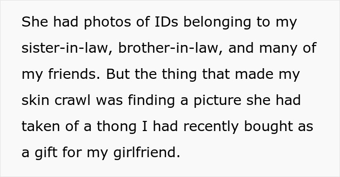 Mother secretly taking photos of girlfriend’s ID from wallet, causing disturbance and trust issues in relationship.