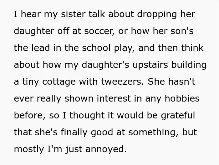Alt text: Mom feels deep resentment as her daughter spends time building tiny cottages instead of being a cheerleader. Alt text: Mom feels deep resentment as her daughter spends time building tiny cottages instead of being a cheerleader.
