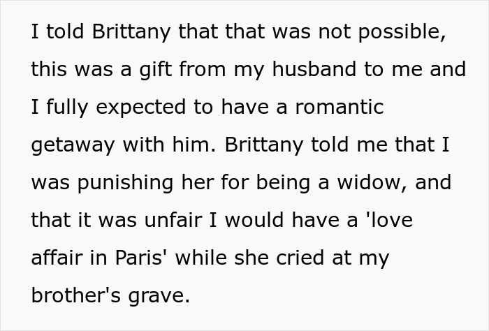 Text excerpt showing a woman discussing a romantic getaway with her husband and a friend&rsquo;s demand involving the trip.