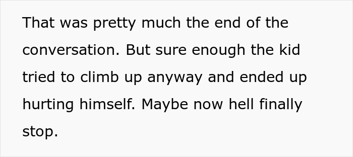 Text discussing a child climbing a fence despite complaints, with someone taking steps to protect privacy. Text discussing a child climbing a fence despite complaints, with someone taking steps to protect privacy.