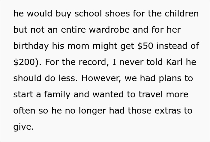 Text excerpt discussing a greedy MIL wedding gift and financial sacrifices made for family and travel plans.