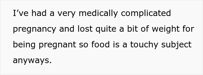 Text excerpt discussing a medically complicated pregnancy affecting food preferences and weight loss during pregnancy.