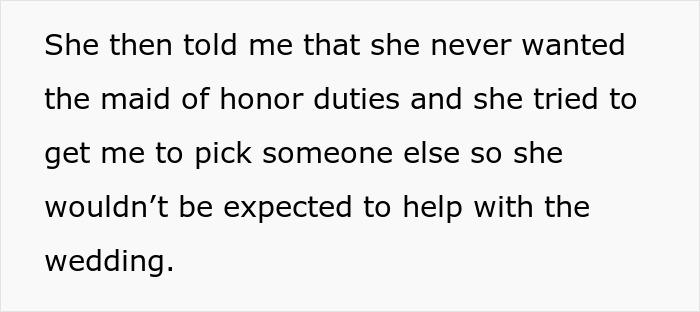 Text excerpt about maid of honor refusing duties and avoiding wedding help in a wedding conflict story.
