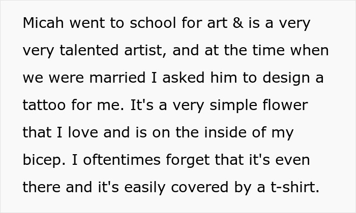 Text explaining a simple flower tattoo designed by an ex-fiancée artist, causing wedding doubts and postponement. Text explaining a simple flower tattoo designed by an ex-fiancée artist, causing wedding doubts and postponement.