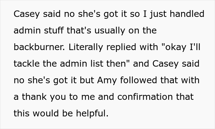 Text excerpt from a woman discussing handling admin tasks after work, relating to coworker being not actually disabled.