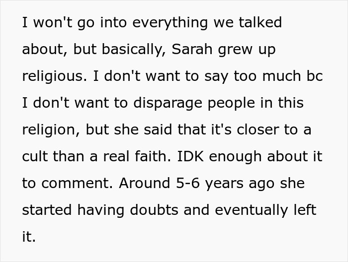 Text excerpt describing a fianc&eacute;e&rsquo;s religious background uncovered through a simple Venmo search unraveling her fabricated past.