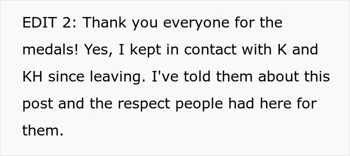 Text excerpt showing a message about keeping contact and respect regarding revenge on coworker who got fired years prior.