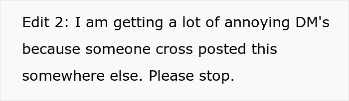 Text on a white background stating a message about receiving annoying DMs due to cross posting and requesting to stop.