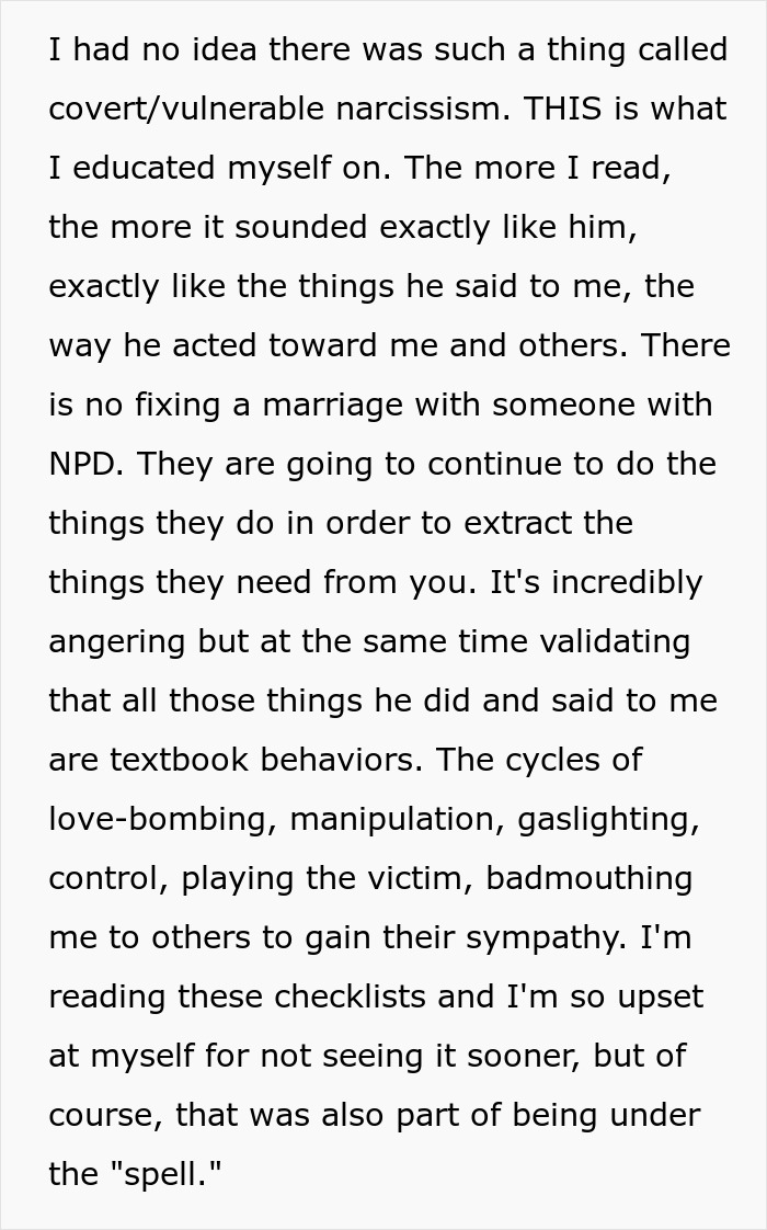 Text showing a personal reflection on covert narcissism and its impact on marriage, highlighting manipulation and control patterns.