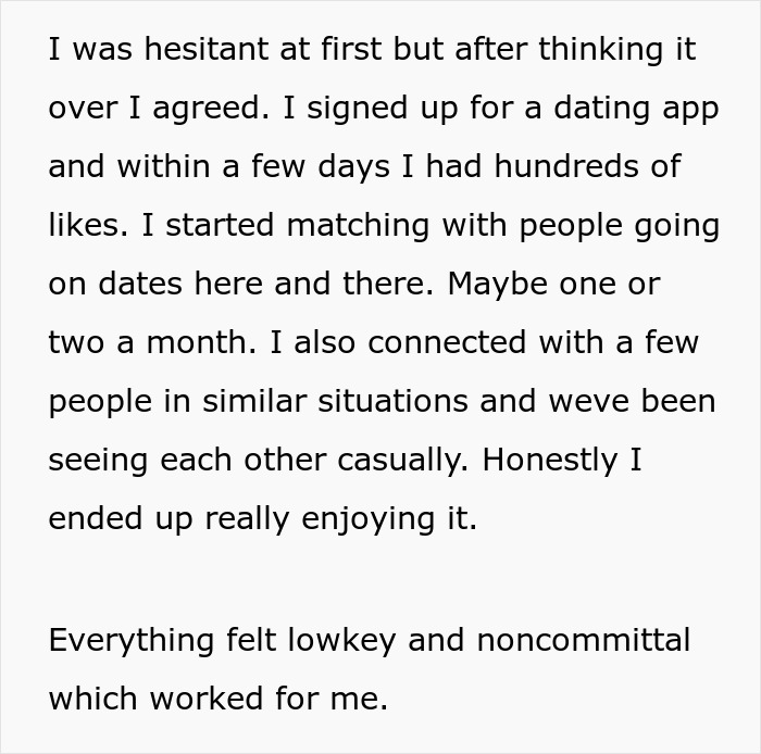 Text from a man&rsquo;s plan to open relationship to date younger coworker, describing his experience with dating apps and casual connections.