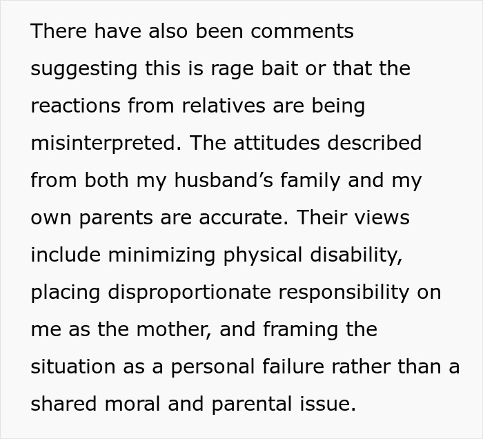 Text discussing family attitudes minimizing physical disability and responsibility in a parental conflict about a disabled son.