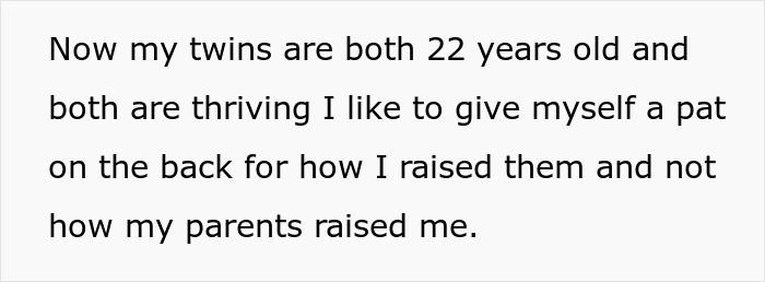 Text excerpt about raising twins thriving at age 22 related to step-daughter trust fund and family support.