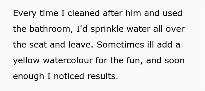 Text describing a sister’s method to shame her brother for leaving stains on the toilet seat by sprinkling water and adding color. Text describing a sister’s method to shame her brother for leaving stains on the toilet seat by sprinkling water and adding color.