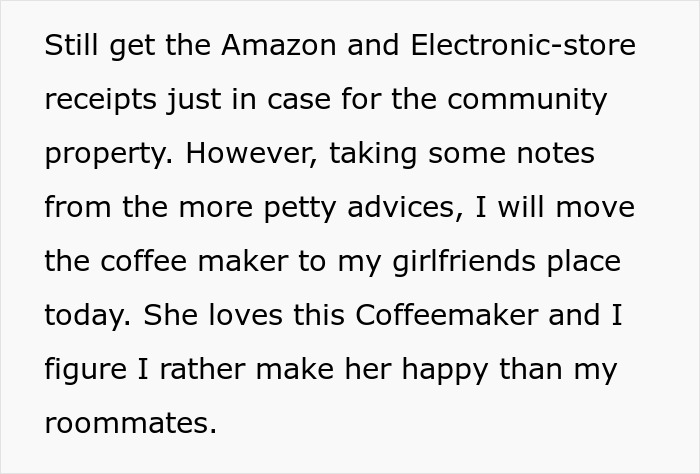 Text discussing moving a coffee maker to girlfriend&rsquo;s place to avoid conflicts with roommates and foster happiness.