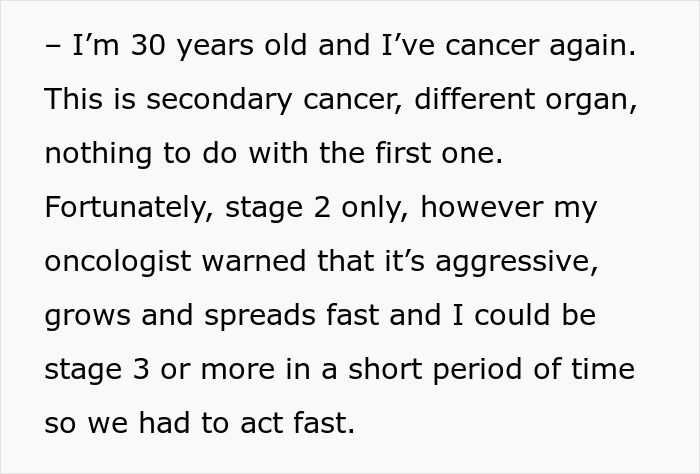 Text excerpt about a man suffering from cancer in his body, highlighting aggressive secondary cancer stage 2 with fast growth risks.