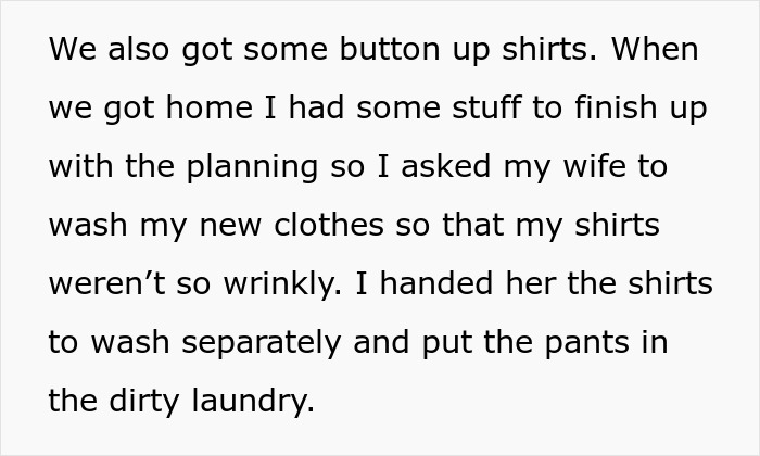 Text excerpt about man blaming wife for no slacks on business trip, mentioning laundry and clothes care.