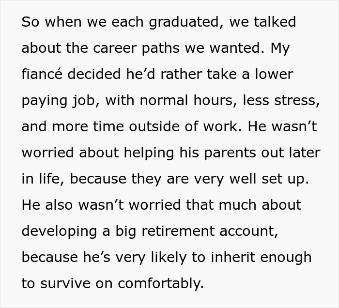 Text discussing a fianc&eacute; choosing a lower paying job for less stress and more time, focusing on money and wedding plans.