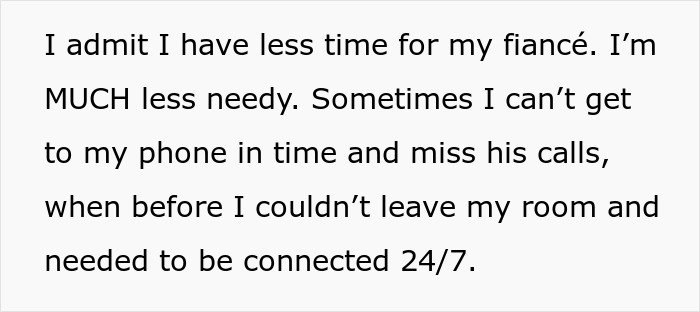 Text excerpt discussing a fiancée gaining confidence and independence after taking medicine despite challenges in their relationship. Text excerpt discussing a fiancée gaining confidence and independence after taking medicine despite challenges in their relationship.