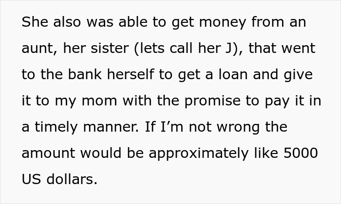 Text about mom in $37K debt getting a loan from sister to help, while daughter refuses to sell inherited home. Text about mom in $37K debt getting a loan from sister to help, while daughter refuses to sell inherited home.