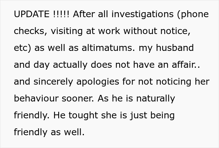 Update text about guy&rsquo;s relationship with female colleague clarifying no affair after investigation and real wife addressing concerns.