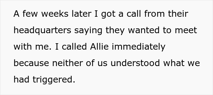 Text excerpt showing a call from restaurant headquarters to discuss a surprising pitch after a snarky letter.