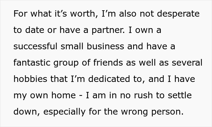 Text excerpt showing a recovering alcoholic explaining their priorities of friendship, hobbies, and owning a home over rushed dating.