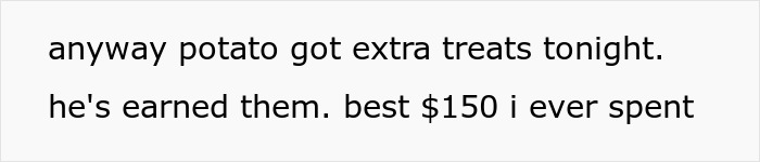 Text snippet showing a casual comment about a potato getting extra treats and being worth a $150 expense.