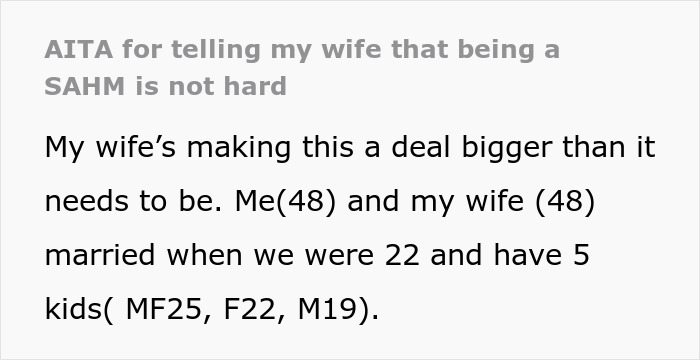 Man Annoyed After Wife Struggles With Being SAHM For 3YO, As He Did It For 25 Years With 4 Kids