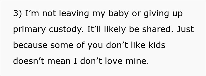 Text excerpt showing a 25-year-old mom refusing to give up primary custody of her baby despite challenges with her 52-year-old partner.