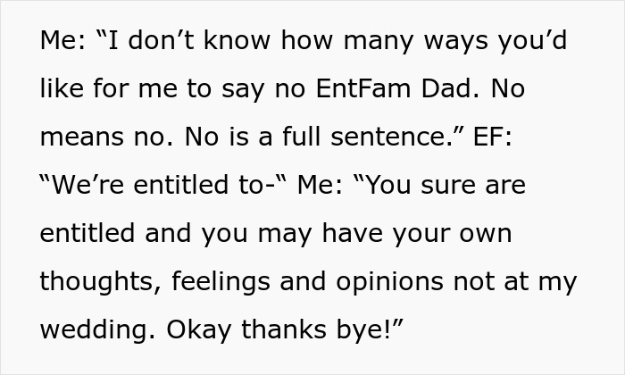 Text conversation about estranged relatives demanding access to wedding with emphasis on no being a full sentence.