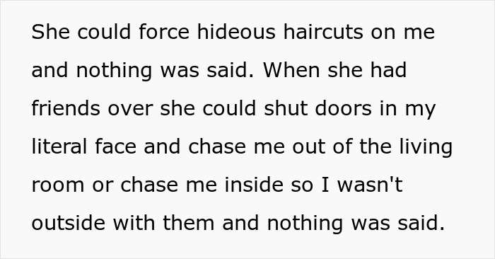 Text excerpt showing a person describing unfair treatment by a sister with parents silently watching, reflecting family conflict.